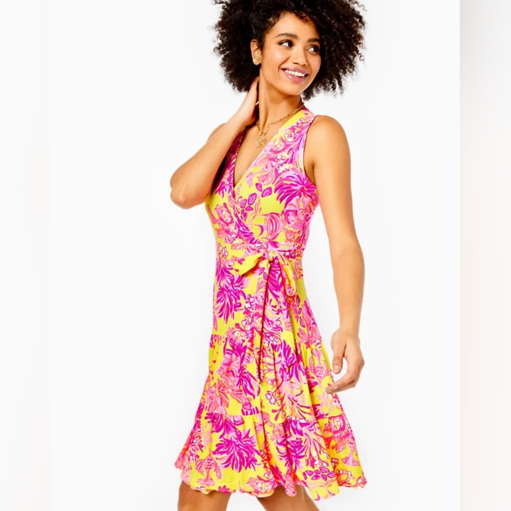 Lilly Pulitzer 2022 Size Small Folly Wrap Dress Calla Yellow Pink Floral Coral